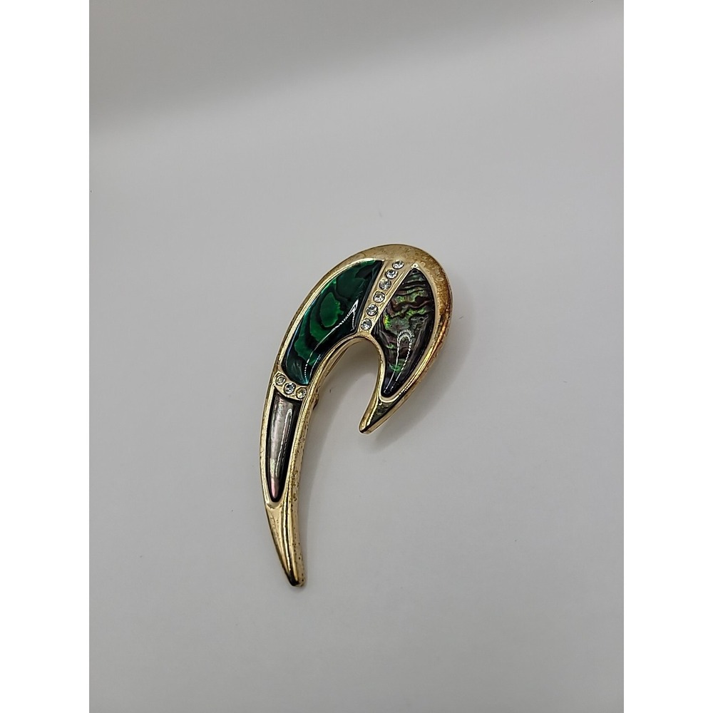 Vintage Brooch Pin Abalone Shell Green Crystals White Swirl Jewelry Costume